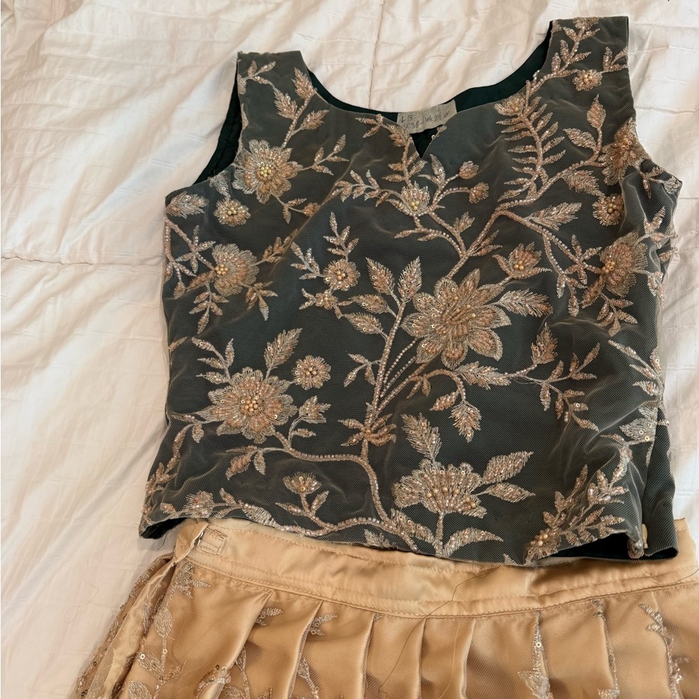 Embroidered Floral Sleeveless Blouse and Skirt